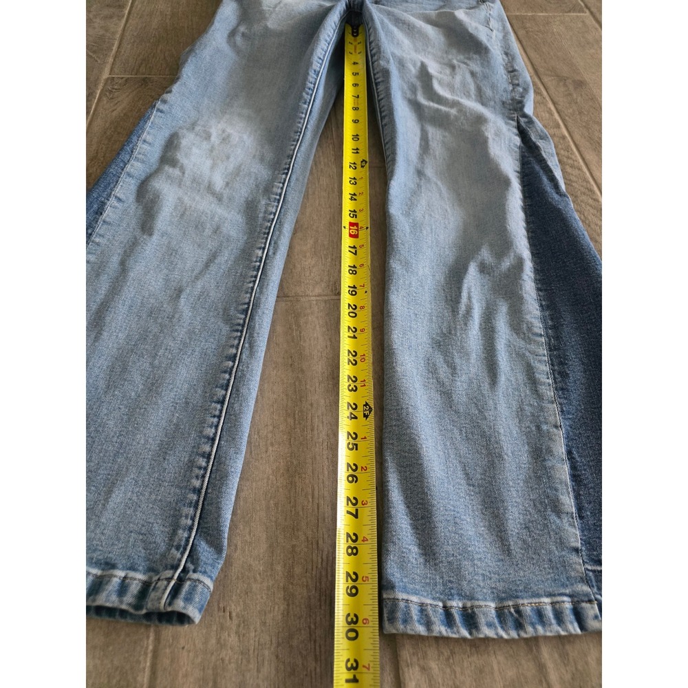 GAP 70s Flare High Rise Patched Two Tone Jeans Light Wash Raw Hem 32 14R Womens - Picture 5 of 11